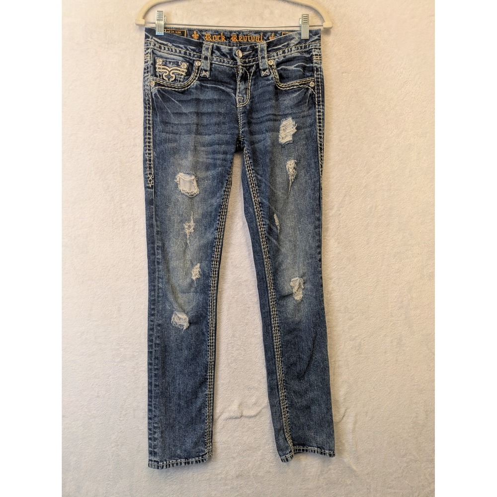Rock Revival Flash Cuffed Straight Jeans Womens 26 Distressed Blue‎ EP9151CJ